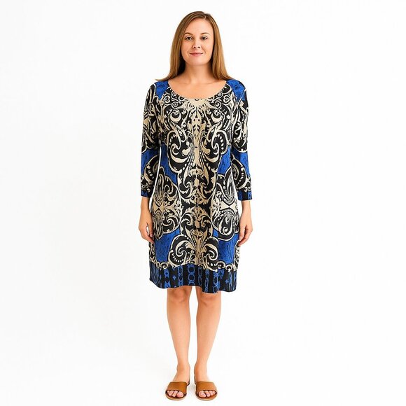 Papillon Blue Sheath Dress Stretch 3/4 Sleeve Geometric Print Knee Length Chic - Picture 1 of 15